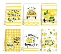 Zubebe 6 Pieces Lemon Kitchen Towels Lemonade Summer Tea Towels 18 x 28 Inches Yellow Buffalo Plaid Squeeze The Day Farmhouse Absorbent Dishcloths for Cleaning Drying Cooking Baking (Lemon)
