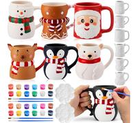 Zubebe 6 Sets Christmas Paint Your Own Mugs Craft Kit Xmas Ceramic to Paint, Santa Elk Snowman Penguin Gingerbread Man Polar Bear DIY Mugs for Adults with Painting Set Family Xmas Craft Office Gift