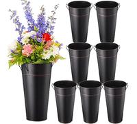 Zubebe 8 Pcs 13.8 Inch Galvanized Flower Bucket Metal Vases for Flowers Farmhouse Rustic French Flower Bucket with Handle for Wedding Centerpieces Vintage Home Dry Floral Table Decor(Black)