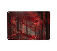zudehae Vintage Poster Metal Tin Signs Wall Art Red Forest Gothic Rainy Foggy Nature Scene Posters Painting Artwork For Living Room Retro Wall Decor Vintage Bar Signs Tin Sign 8x12 Inches