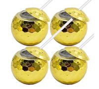 ZUDKSUY 4 PCS Disco Ball Glasses Disco Ball Drinking Glasses 1970s Disco Ball Glasses with Lids and Straws, Disco Glitter Ball Cocktail Glasses for Graduation Day Events (Gold)