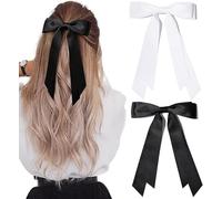 ZUFIO 2PCS Silky Satin Hair Bows Clip Hair Ribbon Ponytail Holder Accessories Slides Metal Clips Bow for Women Girls Toddlers Teens Kids (Black+White, S)