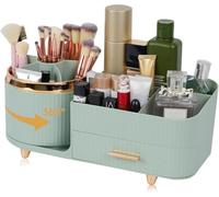 Zufudo Makeup Organizer Countertop with Drawers 360 Rotating Makeup Brush Holder Large Capacity Skincare Organizer for Vanity Desk, Green