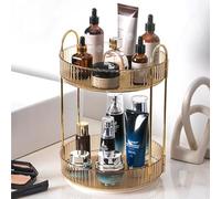 Zufudo Rotating Makeup Organizer Countertop 2 Tier Lazy Susan Trays Clear Skincare Perfume Storage for Bathroom Counter Vanity, Amber Gold