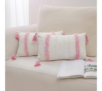 Zufudo Throw Pillow Covers with Tassels Set of 2 Cotton Boho Tufted Modern Farmhouse Decorative Lumbar Pillow Covers for Couch, 12×20 Inch Pink