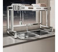 ZUGIATP Dish Drain Rack Double Layer Dish Rack Suitable For Kitchen Sink Dish Drain Rack 67-97 Cm With Hook 304 Stainless Steel(B single-layer bare frame,97cm/38in)