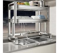 ZUGIATP Dish Drain Rack Double Layer Dish Rack Suitable For Kitchen Sink Dish Drain Rack 67-97 Cm With Hook 304 Stainless Steel(A double-layer bare frame,97cm/38in)