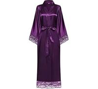 ZUGLQYSX Silk Dressing Gown Women Sexy grey Large Plain Bride Kimono Satin Silk Lace Robe Sleepwear Dress Gown Wedding Bathrobe Ladies Long Gowns(Light Purple,XXL)