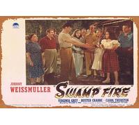 Zuhhgii Retro Classic Movie Poster SWAMP FIRE Lobby Card 4 Johnny Weissmuller Buster Crabbe Vintage Metal Tin Sign Old TV Film Poster Gift Karaoke Bar Pub Club Decorative Wall Plates Man Cave Home