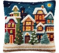 ZUHK Animal Latch Hook Pillow Kit-Pre-Printed Cross Stitch Craft, 17x17 Inch Christmas fit for Home Sofa (Christmas Snow House)