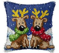 ZUHK Christmas Latch Hook Kits with Christmas Pattern Printed Canvas Crochet Gift Cross Stitch Sofa Cushion Cover Tool fit for Beginner and Adults,43x43 cm (Elk B)