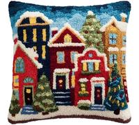 ZUHK Christmas Latch Hook Pillow Kit 43x43cm - DIY Pre-Printed Cushion Cover fit for Adults and Beginners,Xmas, Halloween,Home Sofa Decoration (Christmas Snow House 2)