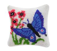 ZUHK Pre Printed Pattern Cross Stitch Sofa Cushion Cover 3D Pillow Materials Package Latch Hook Embroidery Kits with Latch Hook Tool fit for Beginner and Adults,43x43 cm (Butterfly D)