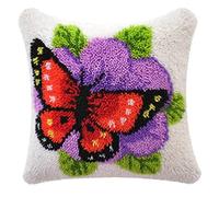 ZUHK Pre Printed Pattern Cross Stitch Sofa Cushion Cover,3D Pillow Materials Package Latch Hook Embroidery Kits with Latch Hook Tool fit for Kids and Adults,43x43 cm (Butterfly C)