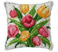 ZUHK Pre Printed Pattern Cross Stitch Sofa Cushion Cover,3D Pillow Materials Package Latch Hook Embroidery Kits with Latch Hook Tool fit for Beginner and Adults,43x43 cm (Flower D)