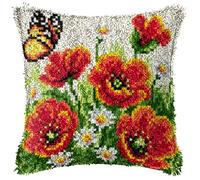 ZUHK Pre Printed Pattern Cross Stitch Sofa Cushion Cover DIY Latch Hook Kits,3D Pillow Materials Package Latch Hook Embroidery Kits with Latch Hook Tool fit for Kids and Adults,43x43 cm (Flower B)