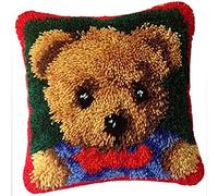 ZUHK Pre Printed Pattern Cross Stitch Sofa Cushion Cover DIY Latch Hook Kits,3D Pillow Materials Package Latch Hook Embroidery Kits with Latch Hook Tool fit for Kids and Adults,43x43 cm (Bear A)