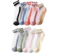 ZUICC 10 Pairs Crystal Tulle Pearl Summer Socks - Pearl Transparent Sock, Women Transparent Lace Elastic Ultra Thin Silk Stockings Short, Anti-slip Ankle socks