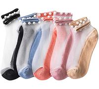 ZUICC Crystal Tulle Pearl Summer Socks - Pearl Transparent Socks,Women Transparent Lace Elastic Ultra Thin Silk Stockings Short,Anti-slip Ankle Socks (5pairs-b)