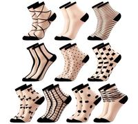 Zuimei 10 Pairs Sheer Socks,Black Striped Plaid Dot Thin Transparent Sock,Summeer Ankle Socks See Through Crew Socks Vintage Ultra-thin Lace Sock for Women Girls