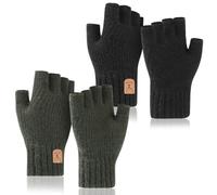 Zuimei 2 Pair Fingerless Gloves - Men Women Half Finger Thermal Winter Thick Knitted Soft Warm Gloves for Outdoor Working Running Biking Driving, L, Army Green+Black