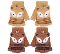 Zuimei 2 Pairs Kids Fingerless Gloves, Winter Flip Top Convertible Flap Cover Warm Knit Mitten Cartoon Gloves for Boys Girls 3-6Y