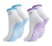 Zuimei 2 Pairs Pilates Socks,Women Pilates Grip Sock,Cute Yoga Non Slip Reformer Socks Ruffle Cuff Embroidery Pattern Workout Ballet Grippy Sock for Women Girls Gifts (Purple and Blue)