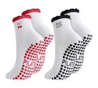 Zuimei 2 Pairs Pilates Socks,Women Pilates Grip Sock,Cute Yoga Non Slip Reformer Socks Ruffle Cuff Embroidery Pattern Workout Ballet Grippy Sock for Women Girls Gifts (Black and Red)