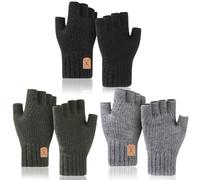 Zuimei 3 Pair Fingerless Gloves for Men, Half Finger Thermal Winter Thick Knitted Soft Warm Gloves for Outdoor Working, Running, Biking, Driving, Size L, Black,Army Green,Grey