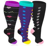 Zuimei 3 Pair Plus Size Compression Socks for Women Men,15-20 mmHg Wide Calf Extra Large Knee High Diabetic Socks, Flight Sock Pressure Sock for Running Nursing Travel Sport Black, Blue, Purple