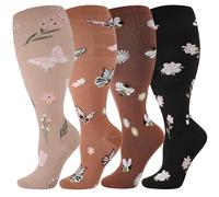 Zuimei 4 Pair Plus Size Compression Socks for Women Men, 20-30 mmHg Wide Calf Extra Large Knee High Stockings, Flight Socks Pressure Sock for Running Nursing Travel Sport, Maillard color