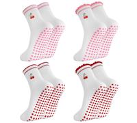 Zuimei 4 Pairs Cute Pilates Socks with Grips Non Slip Ruffle Yoga Reformer Socks Cuff Embroidery Cherry Pattern Ladies Grippy Crew Sock for Home Gym Barre Sport Fitness Dance Ballet Hospital Pregnant