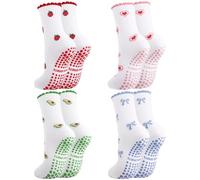 Zuimei 4 Pairs Cute Pilates Socks Yoga Grip Socks Women Non Slip Ruffle Embroidery Pattern Cotton Grippy Sportsocks for Pilates Gym Barre Sports Fitness Dance Home Hospital Pregnant