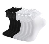 Zuimei 4 Pairs Frilly Socks for Women, Cotton Lace Ankle Socks Black White | Sweet Lace Trimmed Ruffle Design in Black & White for UK Women's Sizes 4-7