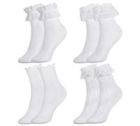 Zuimei 4 Pairs White Frilly Socks for Women Girls, Fairy Lace Trim Ruffle Socks with Bow, Ladies Frilly Ankle Sock, Cotton Princess Dance Dress Sock for Casual Wedding Costume Party Supplies