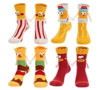 Zuimei 4Pcs Fun Food Themed Magnetic Socks Cute Hamburger Fries and Popcorn Patterns Soft Cotton Mid-Calf Socks Fun Present for Food Lovers and Couples Unisex