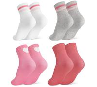 Zuimei 4Pcs Kids Socks Junior Cotton School Sports Socks, Crew Athletic Sock with Retro Stripes Hearts, Casual Stretchy Sock for Girls and Boys 9-12 Years