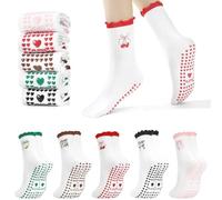 Zuimei 5 Pairs Pilates Socks Non Slip Women, Grip Yoga Socks, Cute Reformer Pilates Socks with Ruffle Design Cuff Embroidery Pattern for Gym, Barre, Ballet, Dance, Home, UK Size 4-7