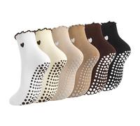 Zuimei 6 Pairs Pilates Socks with Grips, Non Slip Yoga Socks Women, Ruffle Yoga Reformer Sock, Cute Heart Pattern Ladies Grippy Crew Sock for Home Gym Sports Fitness Dance Ballet Hospital Pregnant