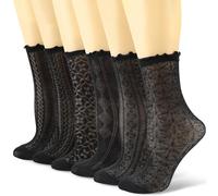 Zuimei 6 Pairs Women Ruffle Socks Black Lace Crew Socks Frilly Cotton Sock,Spring Summer Thin Style Casual Breathable, Princess Style for Women Girls