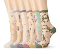 Zuimei 6 Pairs Womens Sheer Socks,Summer Transparent Thin See Through Vintage Floral Mesh Lace Elastic Jacquard Crystal Silk Glass Socks for Women and Girls(Green,Purple,Yellow)