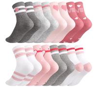 Zuimei 8 Pairs Girls Cotton Crew Socks | Multipack Soft Breathable Striped Heart Pattern Socks for School Casual Sports 6-9 Years