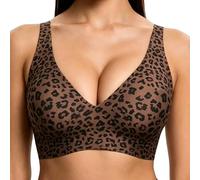 ZUIMEIHQH Jelly Bras for Women UK, Leopard Print Deep V Push Up Bra, Plus Size Wireless Comfort Wide Strap Everyday Sleep Jelly Bra (UK, Alpha, M, Regular, Regular, Brown)