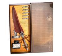 ZUJIABAO Antique Fountain Pen Retro Engraved Feathered Dip Gift Set with 5 Interchangeable Tips and Inkwell for Beginner Copper Feather with Inks