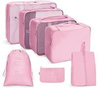 zukent 7Pcs Packing Cubes Travel Luggage Packing Organizers Travel Essentials Bag Compression Packing Cubes Waterproof Cosmetics Toiletries Storage Bags Essentials Bags - Pink