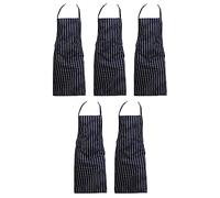 Zukeo Chef Pack of 5 Professional Woven Stripe Cotton Butchers Kitchen Apron - No Pocket (Navy)