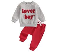 Zukmuk 2Pcs Baby Boy Valentine 's Day Outfits Lover Boy/Heart Throb Print Long Sleeve Crewneck Sweatshirt Drawstring Jogger Pants Baby Boy Valentines Clothes Set (Gray Red, 3-6 Months)