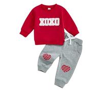Zukmuk 2Pcs Baby Boy Valentine 's Day Outfits Lover Boy/Heart Throb Print Long Sleeve Crewneck Sweatshirt Drawstring Jogger Pants Baby Boy Valentines Clothes Set (Red Xoxo, 18-24 Months)