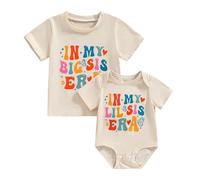 Zukmuk 2Pcs Baby Girl Big Sister Little Sister Matching Outfit In My Big Sis/Little Sis Era Letter Print T-shirt and Romper Sibling Clothes (Beige, 2-3T)