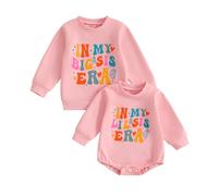 Zukmuk 2Pcs Baby Girl Big Sister Little Sister Matching Outfit In My Big Sis/Little Sis Era Letter Print T-shirt and Romper Sibling Clothes (Pink Long, 2-3T)